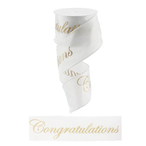 A 2.5 White Satin Gold Congratulations RG0163227 ribbon, partially unspooled, features gold cursive Congratulations text and a Synthetic Wire Edge for elegant shaping.