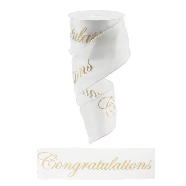 A 2.5 White Satin Gold Congratulations RG0163227 ribbon, partially unspooled, features gold cursive Congratulations text and a Synthetic Wire Edge for elegant shaping.