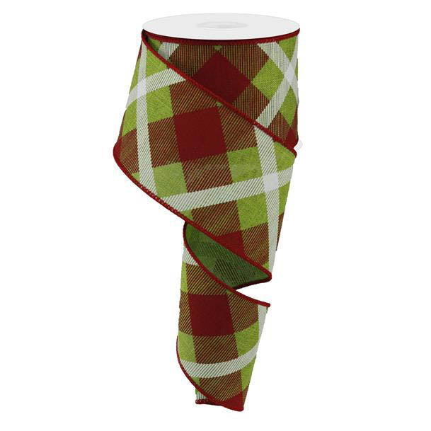A 2.5" Fresh Green, Red White Plaid Ribbon RG01683XX is wrapped in a spiral, showcasing its festive checkered design that makes it ideal for holiday decorations or crafts.