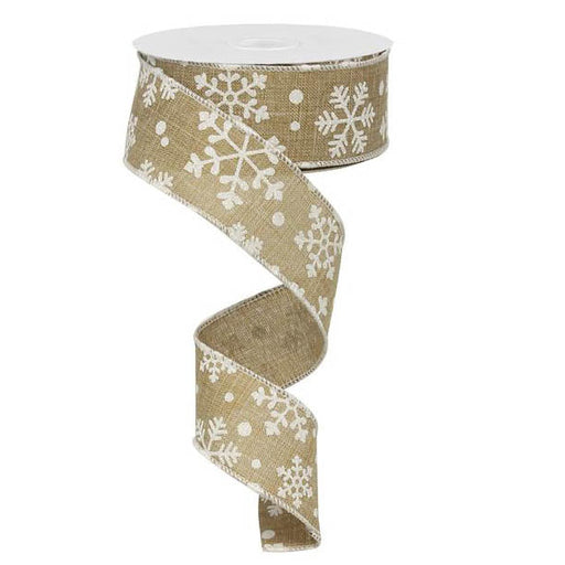 The 1.5" Light Beige White Falling Snow Ribbon, available in a 50-yard roll (product code RG0554801), features wire-edged polyester with a brown burlap texture, elegantly embossed with delicate white snowflake and dot patterns that unfurl beautifully in a spiral.