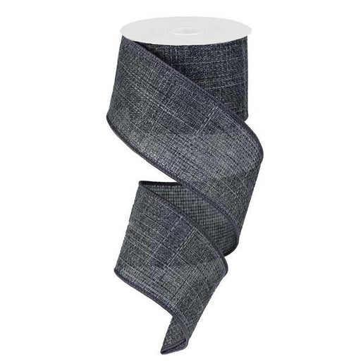 The 2.5 Cross Royal Grey Ribbon RG121210, featuring a textured woven pattern in dark gray, unfurls gracefully in a spiral shape against a pristine white background.