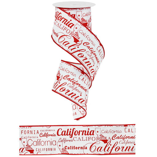 The 2.5 California Print Ribbon White Red features California in various red fonts on a white synthetic ribbon, displaying a repeating design as you unspool it.