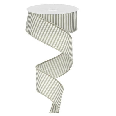 A spool of wire edge ribbon with grey and white horizontal lines, partially unwound and coiling downward, set against a white background.