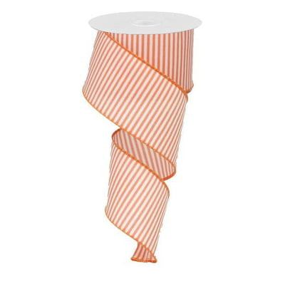 A spool of 2.5 Coral White Horizontal Lines Ribbon (RX91428K) is shown unspooled in a loose spiral against a plain white background.