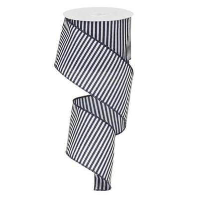 The 2.5 Navy Blue White Horizontal Lines Ribbon RX9142N9, a wire-edge polyester ribbon with navy blue and white diagonal stripes, elegantly spirals downward against a pristine white background.