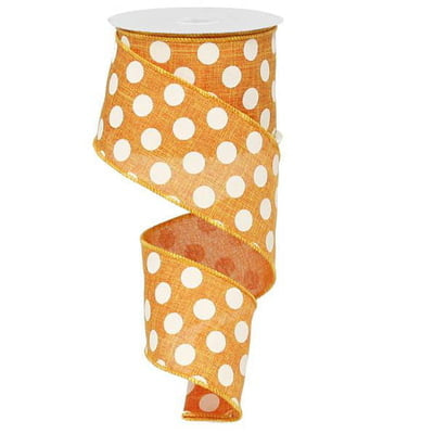 The 2.5 Medium Multi Dot Orange White Ribbon RX9146KJ features large white polka dots on slightly sheer orange polyester, with a wire edge and thin yellow border, perfect for crafts and decorating.