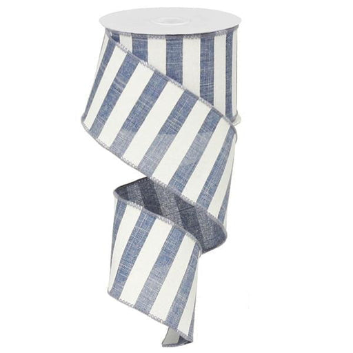 The 2.5 Denim Blue White Horizontal Stripe Ribbon RX914965 partially unravels in a spiral, with its wire edge providing a crisp, structured finish for crafts and decor.