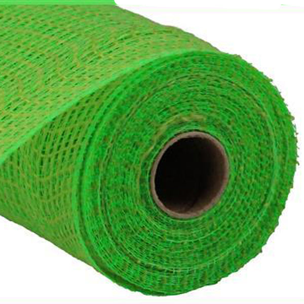 A close-up of a 10.5 Fresh Green Faux Jute Check Weave Mesh (RY8313F2) roll made from polypropylene, with a cardboard core, unrolling towards the right side of the image.