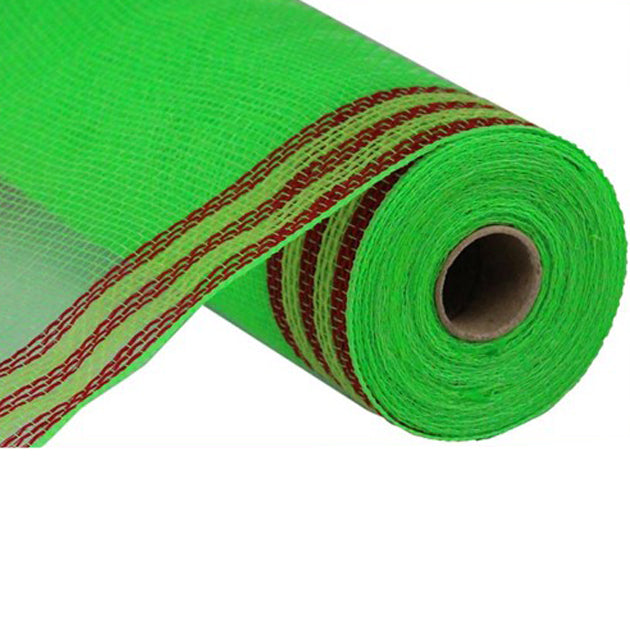 A roll of 10.5 Lime Fresh Green Red Border Stripe Faux Jute Mesh (RY8325K3) is tightly wound, displaying a cylindrical shape with its cardboard core visible at the center, all set against a white background.