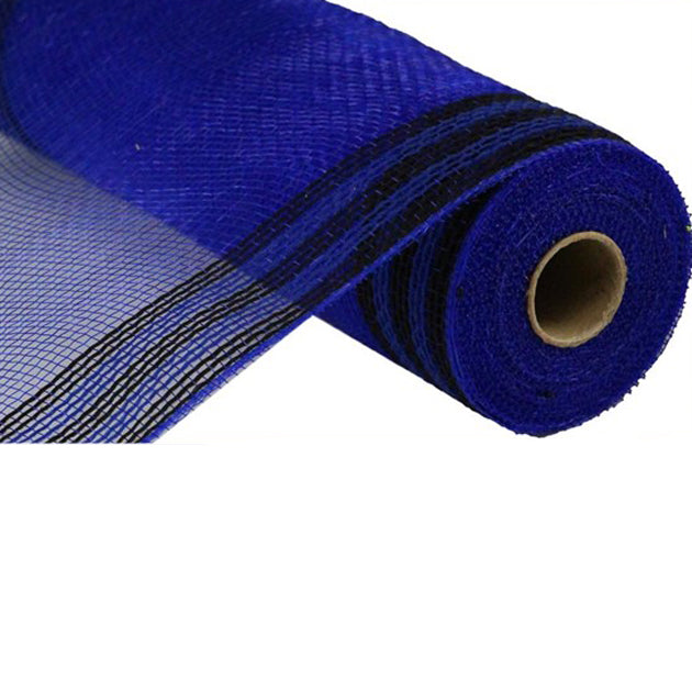 A close-up of the 10.5 Royal Blue Black Border Stripe Faux Jute Mesh (RY8325K5) roll highlights its woven texture with black stripes and a cylindrical shape featuring a cardboard core, partially unrolled to reveal the fine mesh detail.