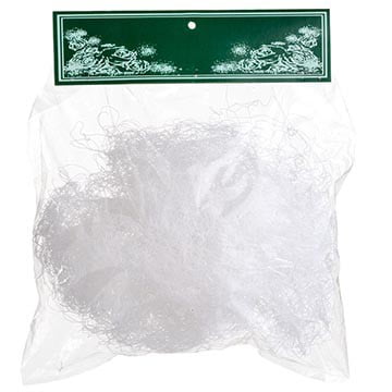 A clear white bag labeled green and white, filled with thin, white string-like threads resembling artificial snow—Bag of Faux Snow.
