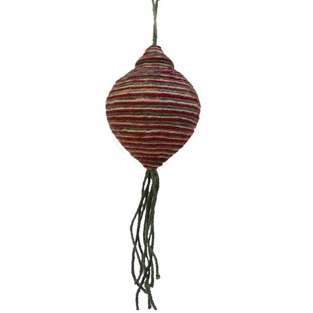 The 15" Jute Finial Onion Shaped Red and Green ornament features a pointed top and bottom, wrapped in red and green jute, with long green tassels elegantly hanging from the lower end.