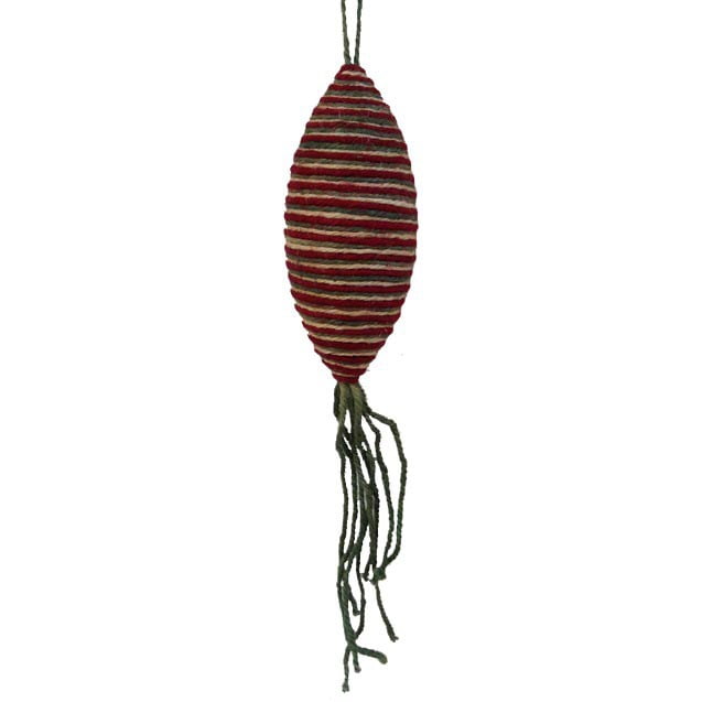 The 17" Red Green Jute Finial Christmas Ornament features an oval shape wrapped in red and white striped yarn, with green yarn accents, making it a charming and festive addition to your holiday décor.