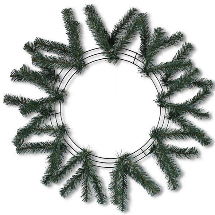 The 24 Work Wreath Evergreen XX748709 features sparse artificial pine branches evenly spaced on a metal frame, shown against a white background—ideal for adding mesh netting or personal touches to your holiday decor.