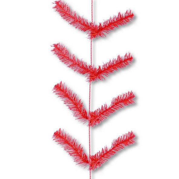 The Work Garland Red XX752024 features red, fluffy chevron-patterned branches attached to a central string and displayed on a white background. Perfect for festive holiday decor.