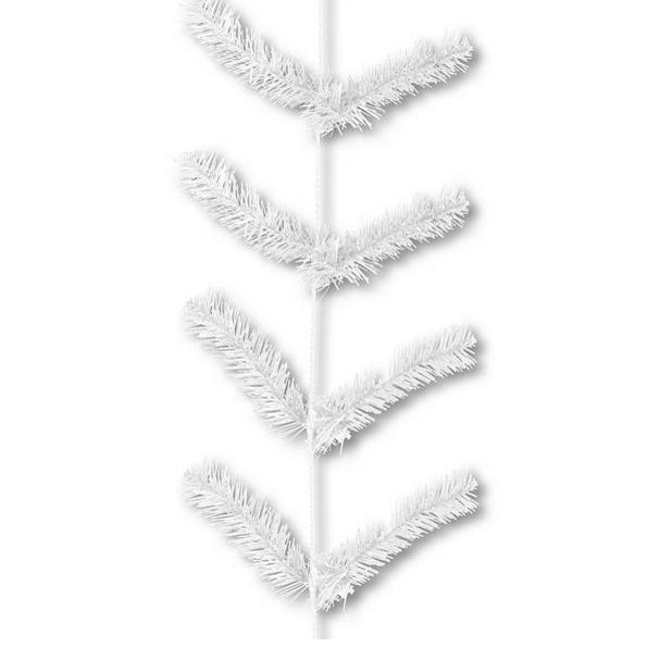The Work Garland White XX752027 showcases white artificial pine branches in a vertical zigzag pattern, creating an exquisite holiday design. This fluffy garland with evenly spaced branches enhances festive settings, and its plain white background accentuates its elegance.