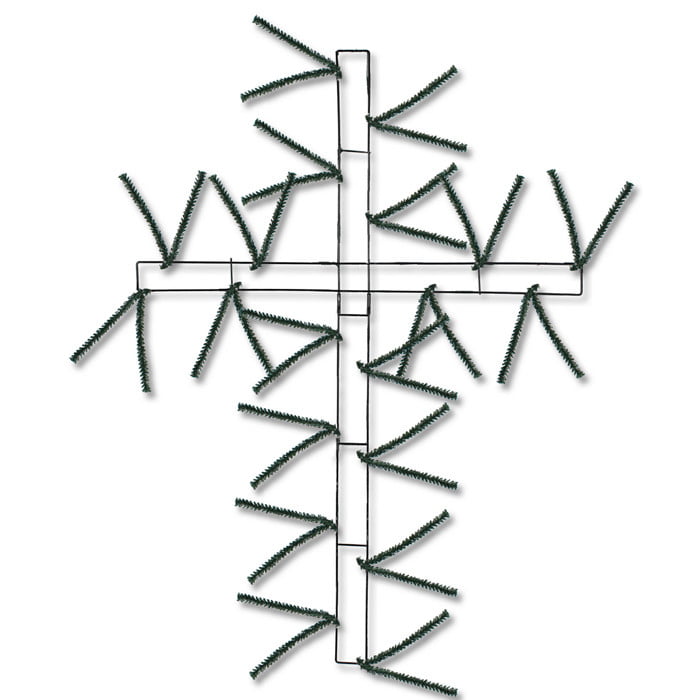 The 27" Evergreen Pencil Cross XX760209 features a wire frame with artificial green pine branches, ideal as a base for creating decorative or floral wreaths.
