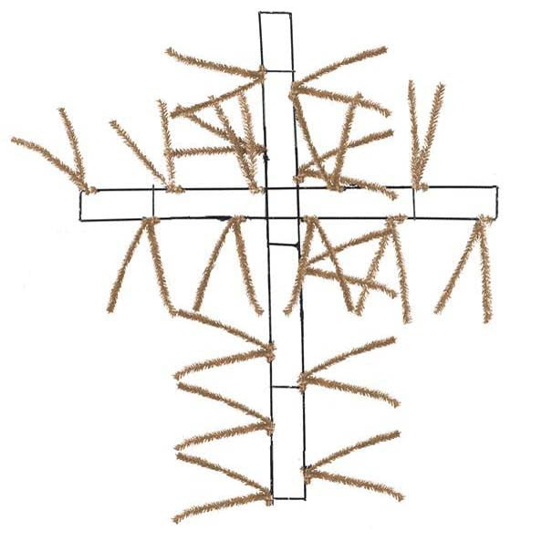 The 27" Burlap Pencil Cross XX7603W4 features a metal frame adorned with brown artificial pine branches, arranged both diagonally and horizontally, showcased against a white background.