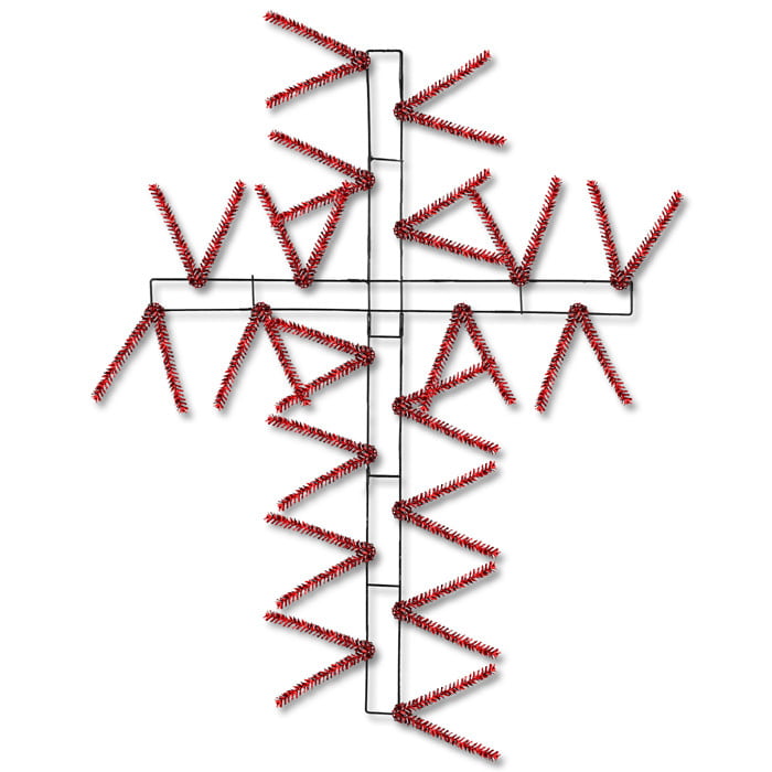 The 27" Metallic Red Pencil Work Cross Frame XX760424 features a metal and plastic cross frame adorned with metallic red artificial pine garland in zigzag patterns, shown against a white background.