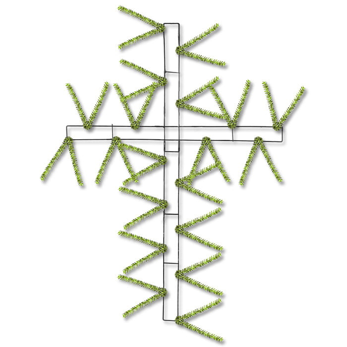 The 27 Metallic Lime Green Pencil Work Cross Frame XX760437 features a metal cross frame wrapped in metallic lime green artificial pine needles, designed to zigzag across the axes, set against a plain white background.