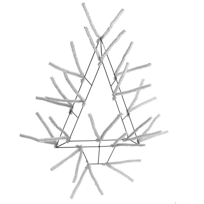 The 20" Pencil Open Wall Tree White XX765327 is a minimalist decorative wall tree made from white pipe cleaners on a triangular wire frame, resembling a stylized Christmas tree with branches.