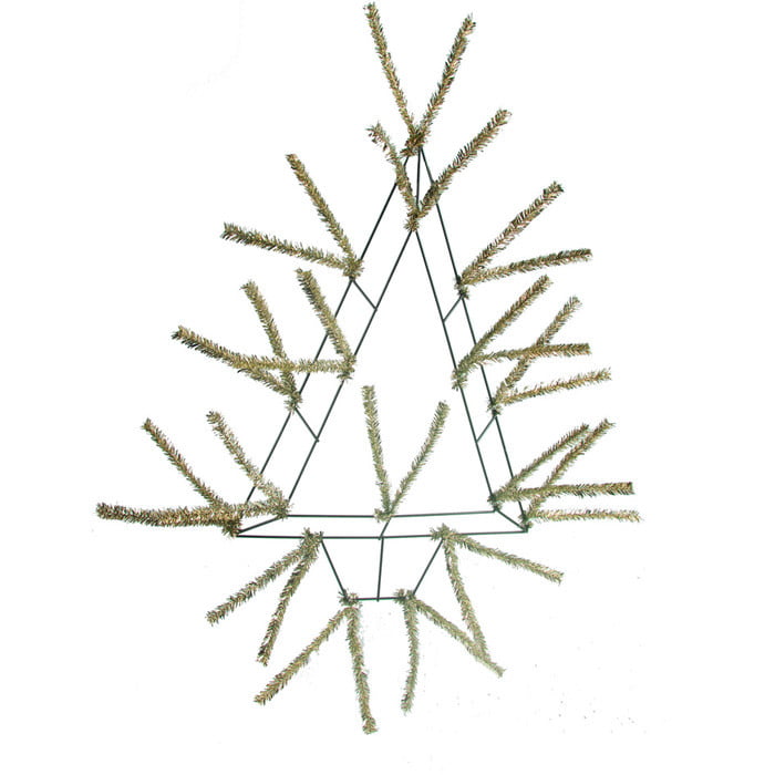 The 20" Pencil Open Wall Tree Metallic Gold XX765408 features a minimalist, metallic gold wire-frame design with sparse gold tinsel in a triangular shape, perfect for stylish wall décor.