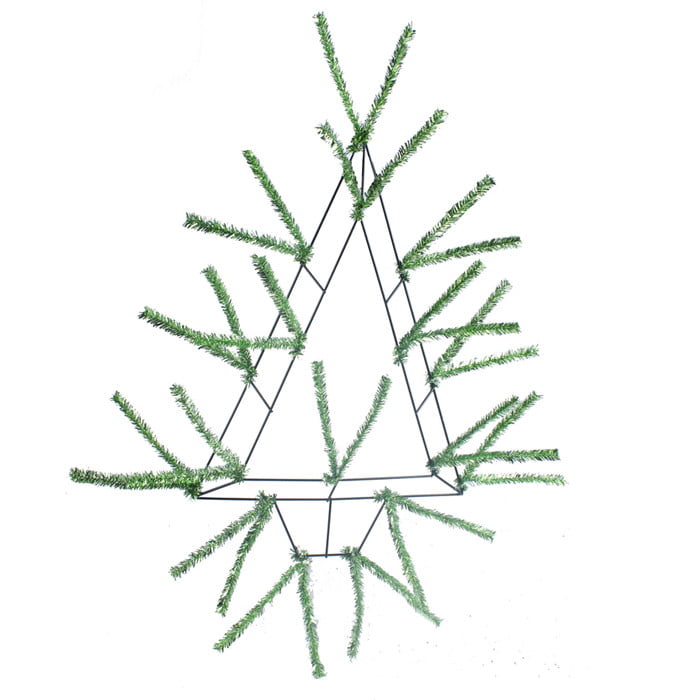 A 20" Pencil Open Wall Tree in Metallic Lime Green, crafted from a triangular metal frame and decorated with metallic green artificial pine branches.
