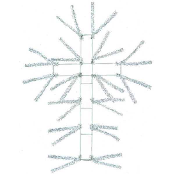 The 20 White Pencil Cross Work Form XX770127 displays a pencil cross design made of silver tinsel on a metal frame with protruding branches against a white backdrop.