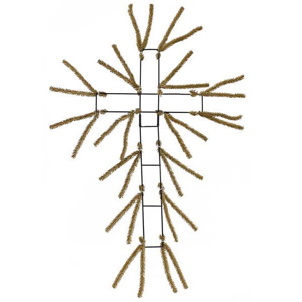 The 20 Burlap Pencil Cross XX7701W4 features a black wire pencil cross structure with artificial branches for rustic charm, enhanced by burlap wrapping for texture and warmth.