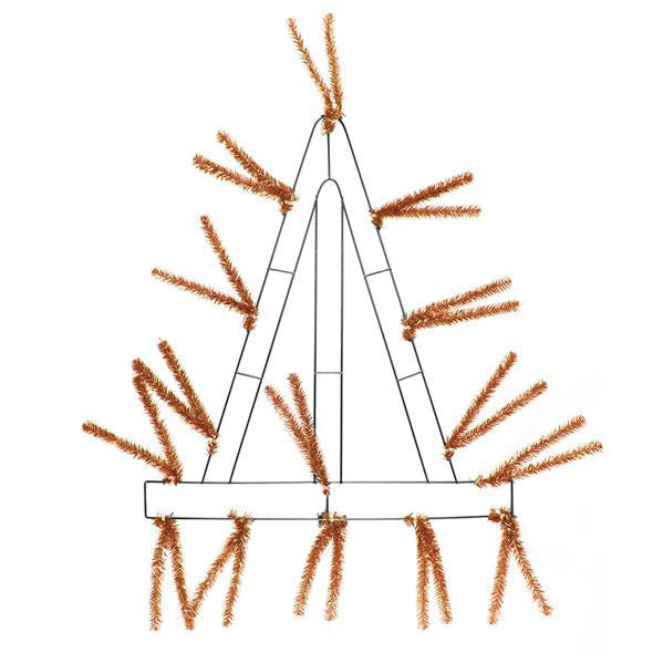 The 21 Metallic Copper Pencil Work Witch Hat XX778238 features a minimalistic wire frame in a witch hat shape, accented with sparingly arranged metallic copper tinsel branches for an unfinished, modern look.