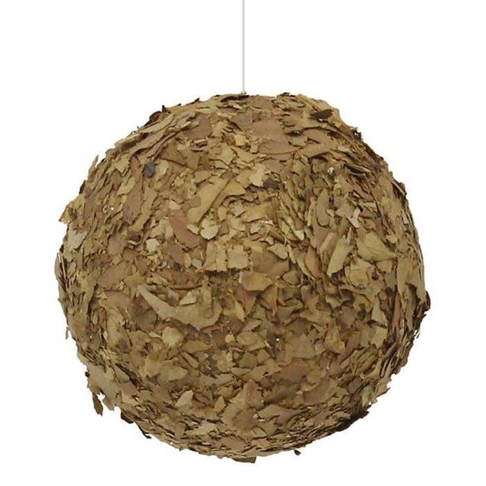 The 4 Eucalyptus Ball Ornament XY8299, featuring layered brown eucalyptus material that resembles an oversized wasp nest, hangs by a thin string against a plain white background.