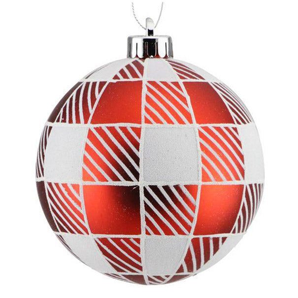 The 4.75 Stripe Check Red White Ball Ornament XY8848MA features a matte red finish with a geometric square and diagonal line pattern, crafted from plastic with a shiny surface, metallic cap, and loop for festive hanging.
