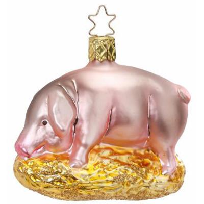 The Piggles Inge-Glas Christmas Ornament 1-078-12 features a pink glass pig on a gold glittery base, topped with a gold cap and star-shaped loop for hanging, crafted in the signature style of Inge-Glas of Germany.
