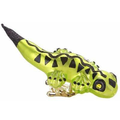 Inspired by the Diego Lizard Green Black Inge-Glas Christmas Ornament 1-113-12, this decorative hair clip features a bright green lizard with black spots, glittery black-tipped tail, shiny yellow eyes, and a gold-toned clasp.