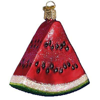 Add a touch of Old World Christmas charm to your décor with the Watermelon Wedge Ornament (28062), featuring a glittery glass slice with red flesh, black seeds, green and white rind, and a gold hanging loop.