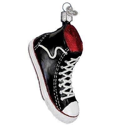 The High Top Sneaker 32172 Old World Christmas Ornament is a glass ornament shaped like a black sneaker with white laces, white stitching, red interior, and a silver loop for hanging.