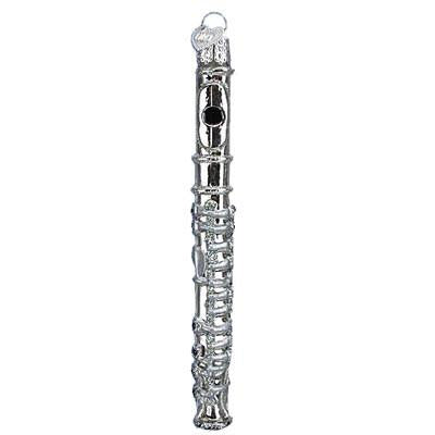 The Flute 38036 Old World Christmas Ornament, featuring intricate detailing and a shiny silver finish, hangs against a plain white background, making it a true holiday heirloom.