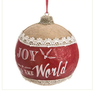 The 4" Joy to the World Ball Ornament Natural Red features decorative white JOY to the World lettering, holly accents, and delicate lace trim. This festive red ornament hangs by a red string for a charming holiday display.