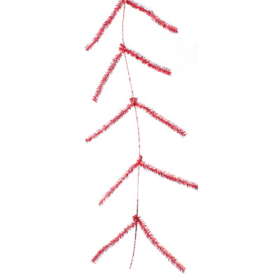 The Pencil Work Garland Metallic Red XX752524 is a long, slim tinsel garland with metallic red branches extending from a central stem, giving it a minimalist, stylized Christmas tree look against a white background.