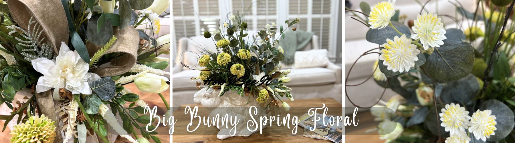 everyday spring floral arrangement in big ceramic bunny pot