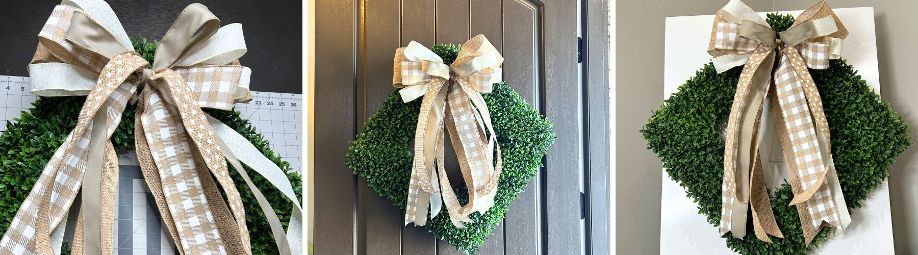 square boxwood wreath, hung diamond shaped with neutral wreath bow