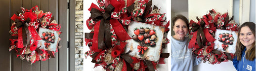 Valentine mesh wreath with exclusive Trendy Tree chocolate covered Strawberry Bouquet Sign