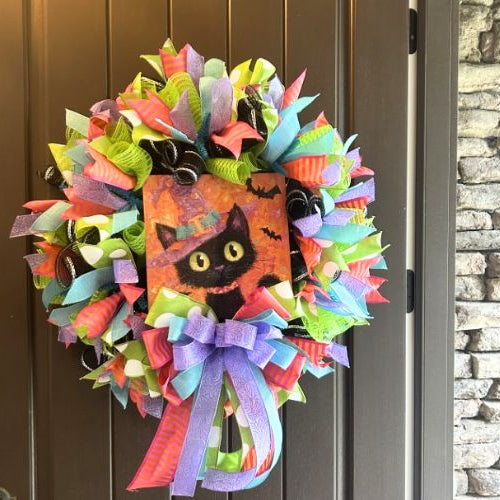 Halloween Kitty Wreath with exclusive Trendy Tree metal sign