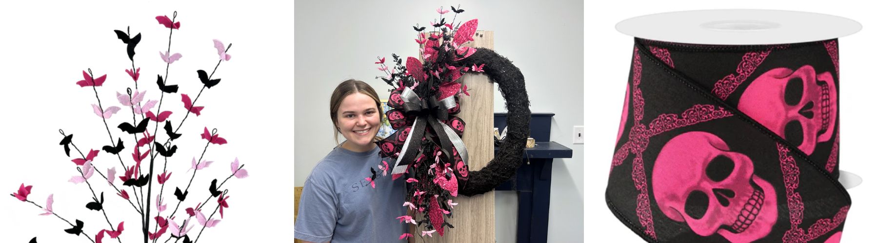 Halloween Wreath on a black vine/moss wreath with hot pink accents