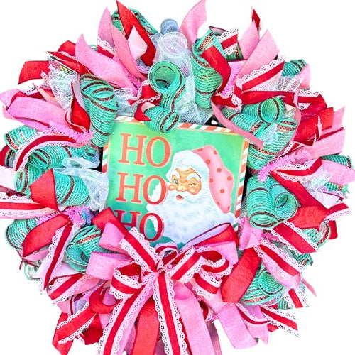 mint red and pink Ho Ho Ho Santa wreath
