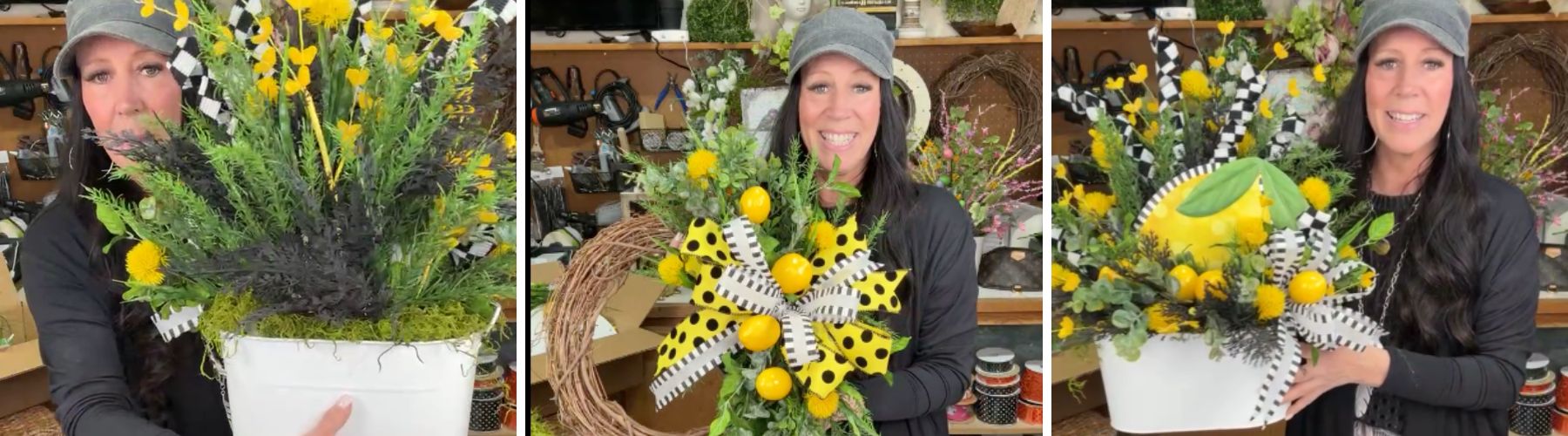 grapevine wreath with lemons, and lemon floral centerpiece