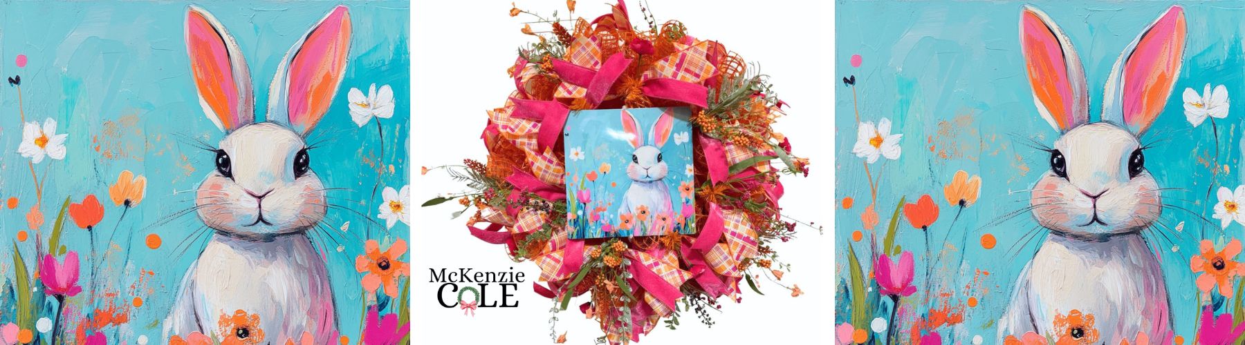 whimsical Easter wreath with neon bunny sign