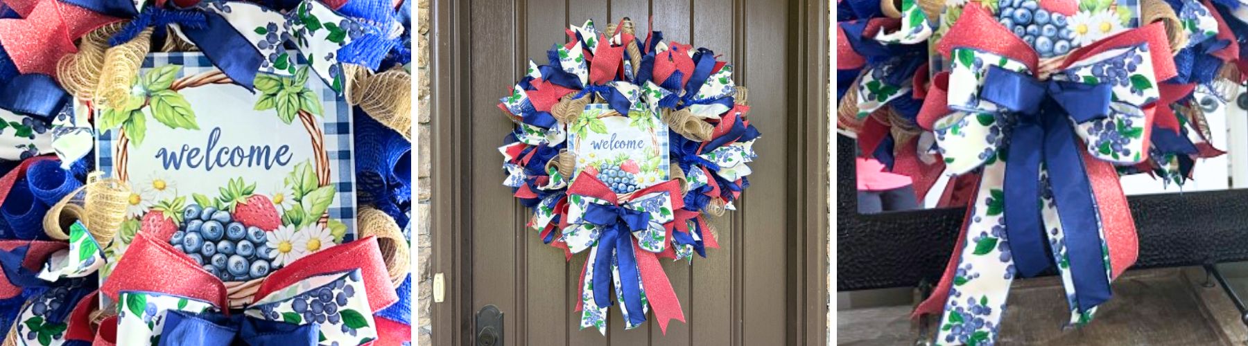 summer mesh wreath in red white and blue with a welcome sign with strawberries and blueberries
