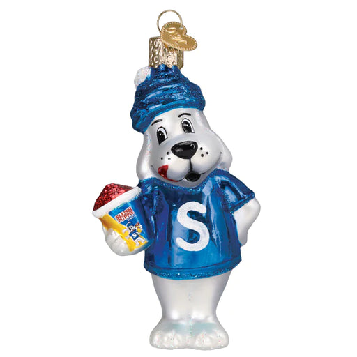 Introducing the Slush Puppy Ornament from Old World Christmas (#12685): a whimsical cartoon snowman adorned in a blue hat and shirt with an "S," holding a vibrant red and white slushie cup. Ideal for adding charm to your Christmas tree, it includes a metal loop at the top for easy hanging.
