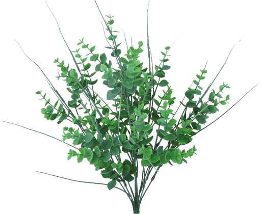 The 18 Green Plastic Eucalyptus Bush 9 Stems (13310GN) features vibrant green eucalyptus branches with round leaves and slender stems, arranged in a fan-like pattern. Its simplicity and freshness are highlighted against a plain white background.